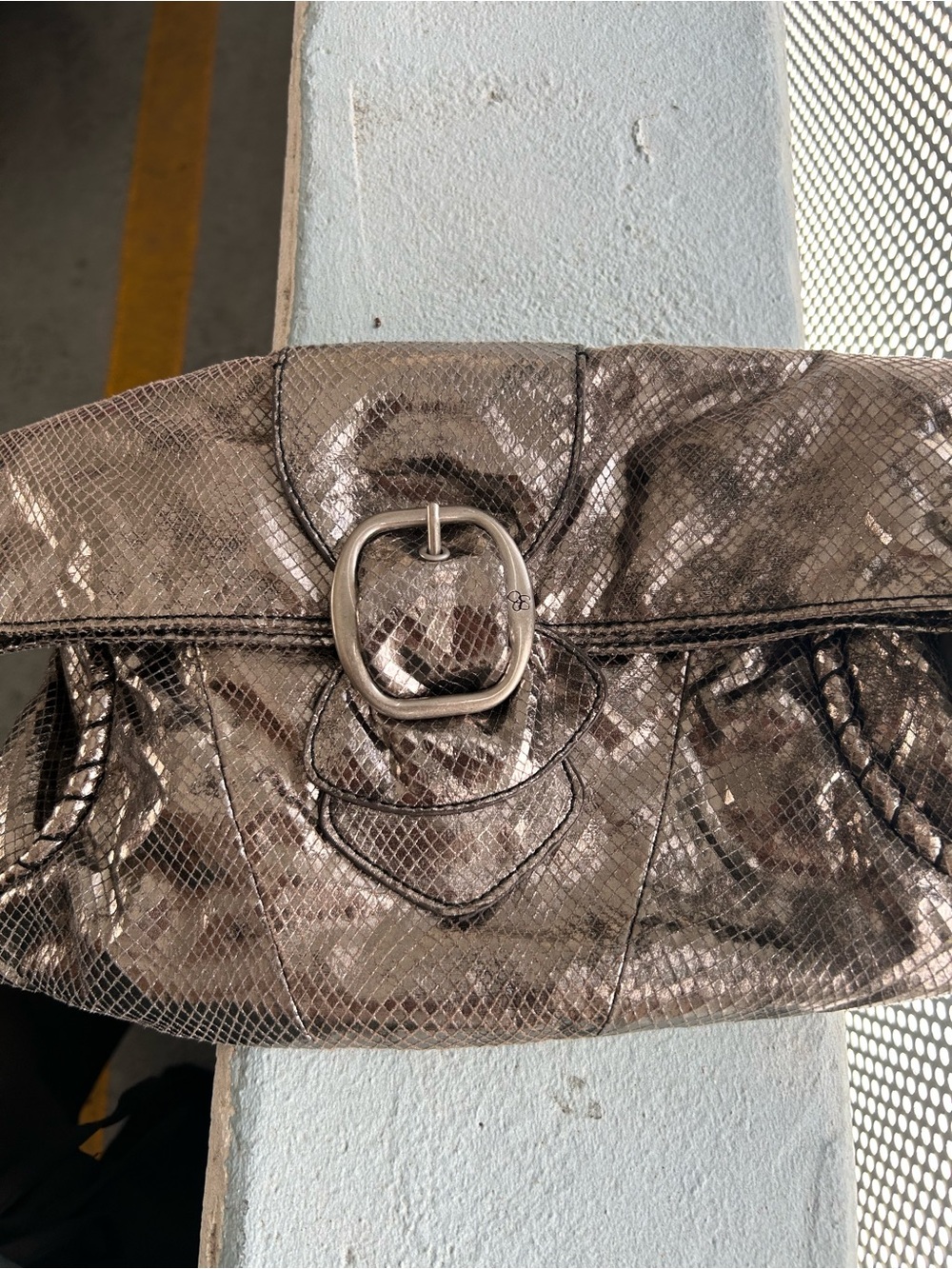 Jessica Simpson Metallic Snake-Effect Foldover Clutch in Gunmetal Bronze